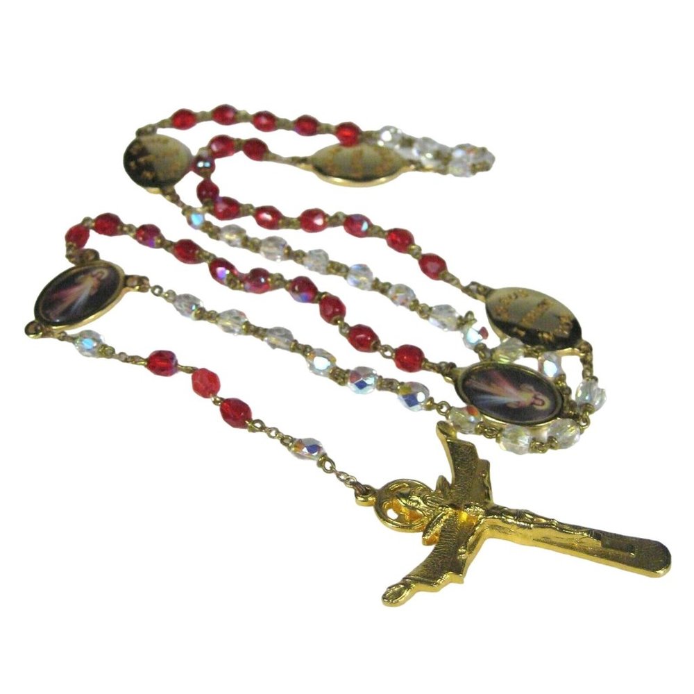 Rosary 31 Inch Goldtone Plastic Beaded Italy Crucifix Tertium Millennium Red